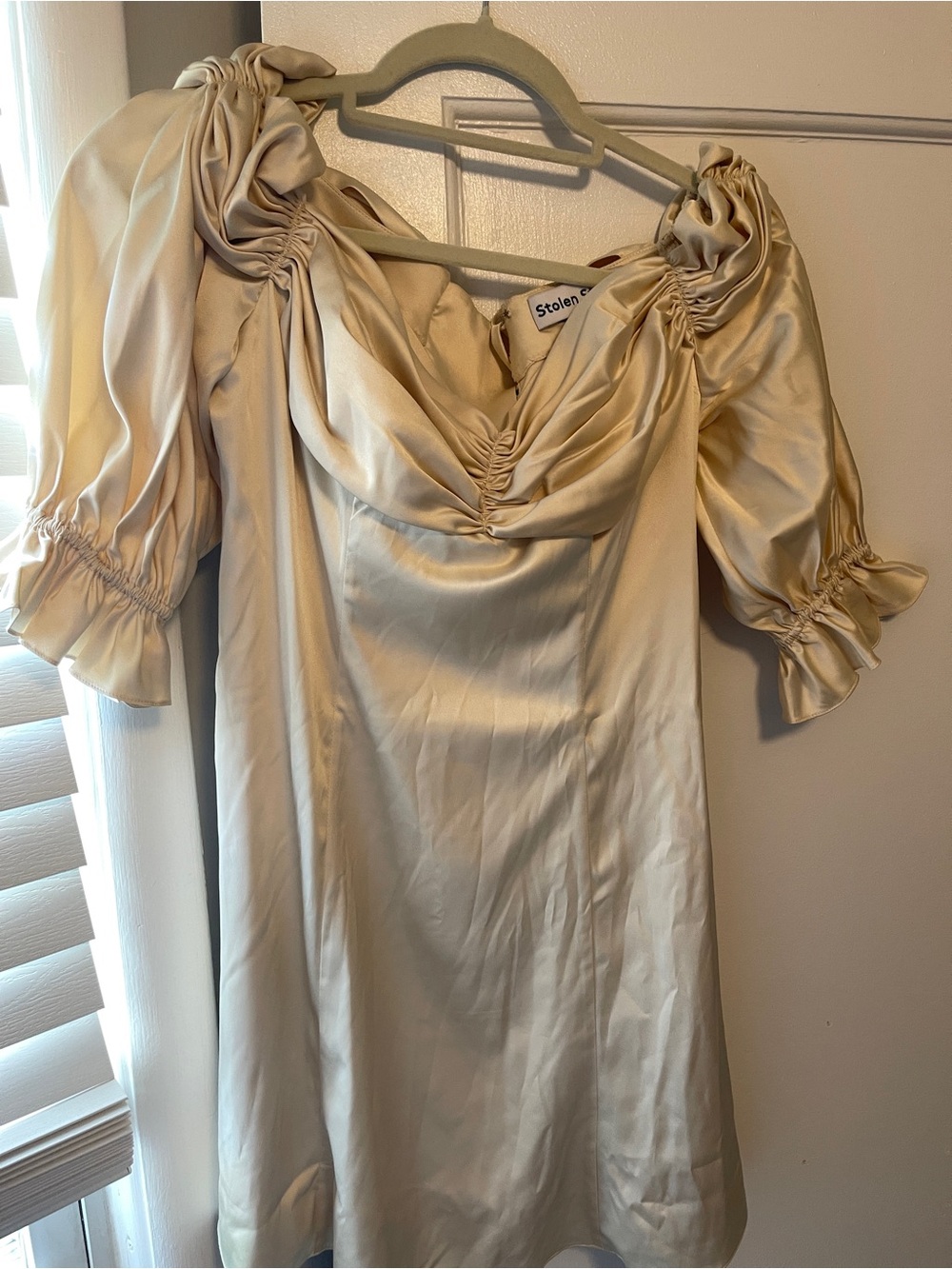 Off-Shoulder Cream Ruffle Sleeve Mini Dress - Picture 3 of 7